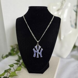 Silver Stainless Steel Figaro Chain Necklace and New York Yankees Blue Pendant